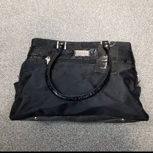 Nicole Miller Double Handle Shoulder Handbag Purse Black Faux Croc Leopard Print